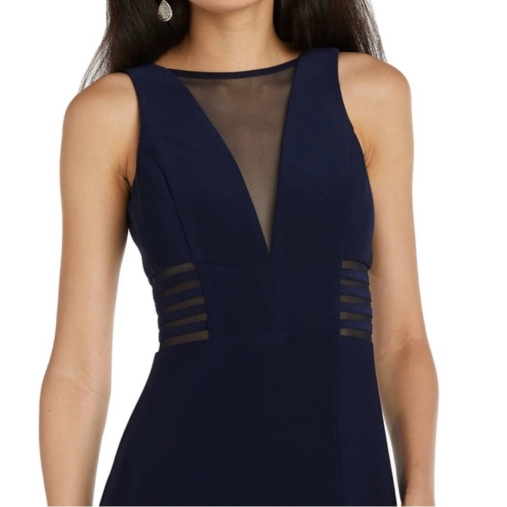 Morgan & Co. Navy Backless Dress with Mesh Detail